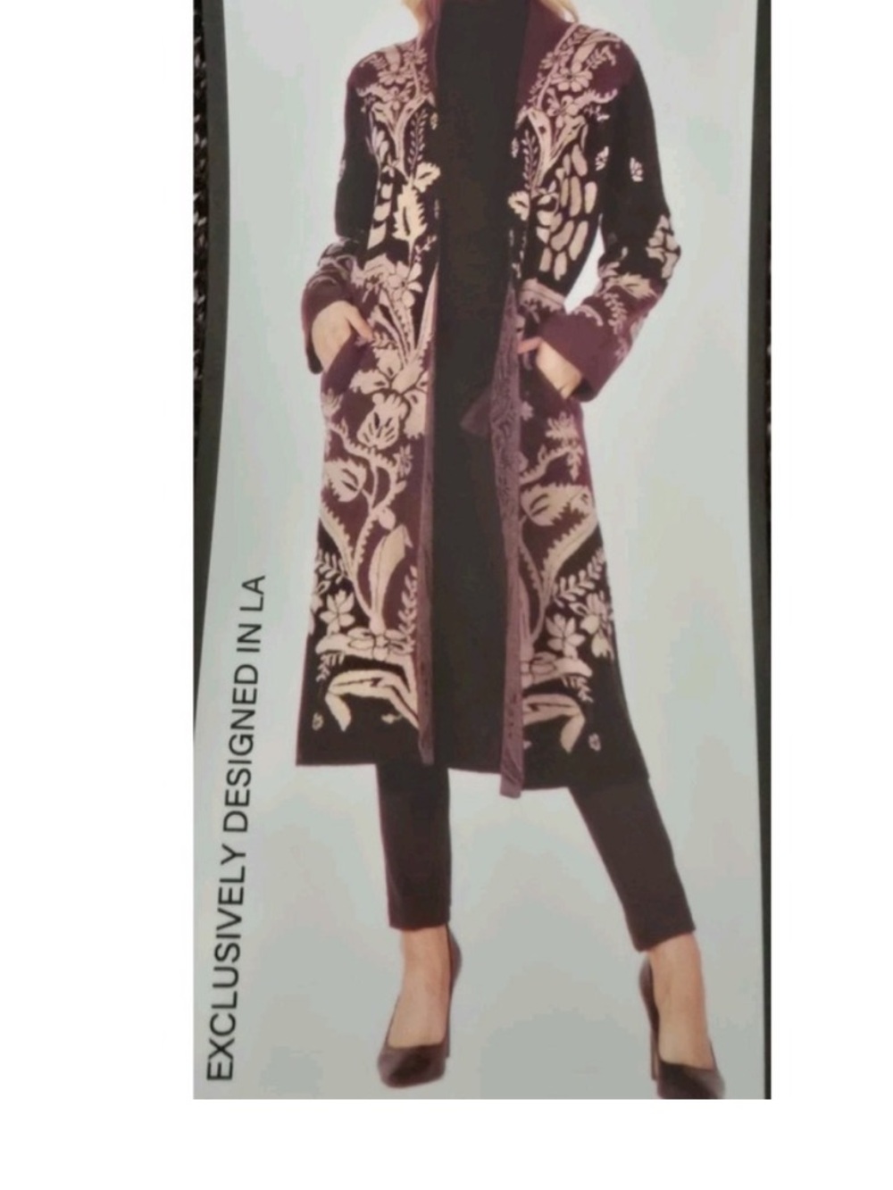 Max Studio Floral Long Knit Cardigan - Burgundy, Black & Cream Size Medium